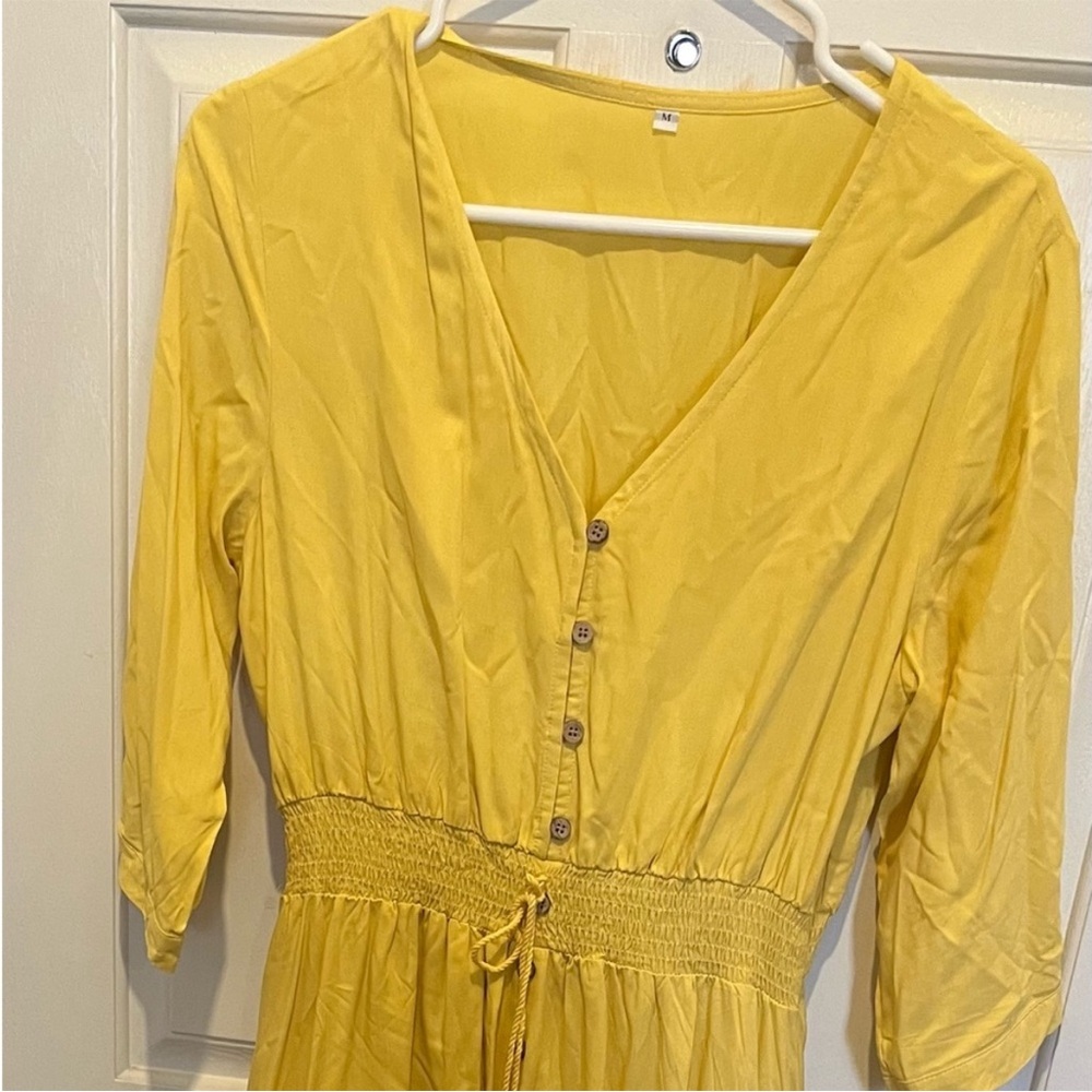 Yellow Maxi Dress size medium button-down rayon 3/4 sleeves smocked in the waist